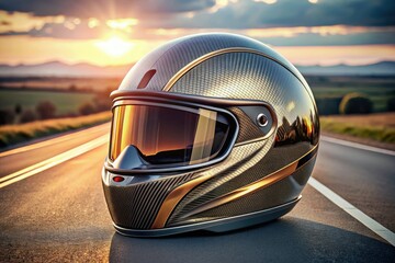 Obraz premium A sleek, metallic motorbike helmet icon with a glossy finish, adorned with a subtle pattern of speedlines, symbolizing protection, freedom, and adventure on the open road.
