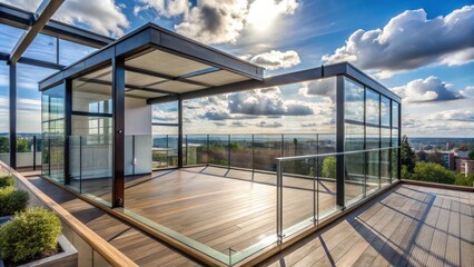 Glass-enclosed metal balcony on rooftop of residential building