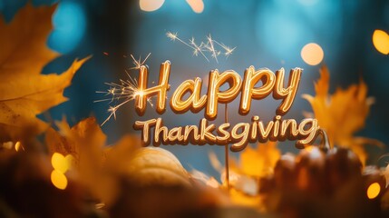 Happy Thanksgiving sparkler lettering and on blurred background with autumn leaves