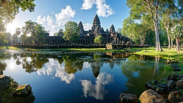 Angkor Wat, an ancient city, at dawn, with the spires of the temple reflected in a peaceful pond surrounded by lush greenery.