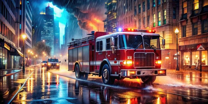A sleek, red fire engine speeds down a rain-soaked city street at night, flashing lights illuminating smoke-filled air, with bold firefighters in the background.