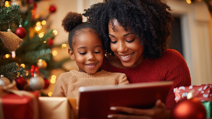 A mother and her child happily shopping together on a tablet, smiling at Cyber Monday deals on a website