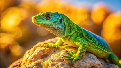 Fototapeta premium A small, vibrant green lizard, commonly known as a lagartija, perches on a sun-kissed rock, its scales glistening in the warm afternoon desert light.