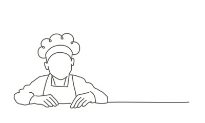 Cook, child is sitting at a table with his hands on his lap. He is wearing a chef's hat and an apron. Hand drawn vector illustration. Black and white.