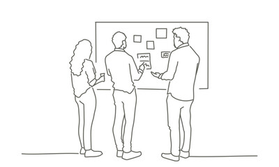 Three people standing in front of a white board. One of them is holding a cup. The board has a lot of writing on it. Hand drawn vector illustration. Black and white.