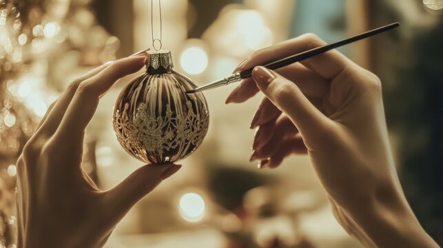 Primer plano de manos femeninas decorando un ornamento navide&ntilde;o en forma de bola con una fina brocha, mostrando el cuidado y detalle en cada trazo.