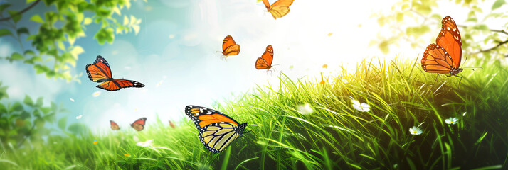 Fototapeta premium Green Grassy Hillside with Butterflies Frolicking