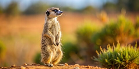 Fototapeta premium A solitary suricate, also known as a meerkat, stands upright on its hind legs, scanning the desert landscape with curious, watchful eyes and alert posture.