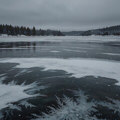 A frozen lake in the middle of winter with rain softly falling, creating ripples on the icy surface while snowflakes gently mix with the raindrops 