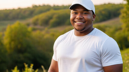 Plus size young black man wearing white t-shirt and white baseball cap standing in nature