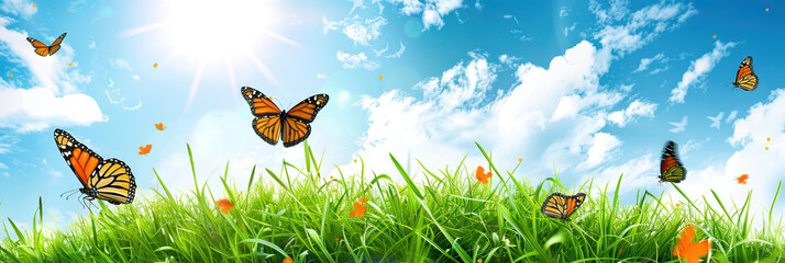 Fototapeta premium Green Grassy Hillside with Butterflies Frolicking