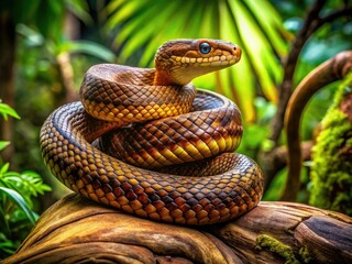 Fototapeta premium A stunning 4K image with incredible picture depth, capturing a venomous snake coiled on a rustic wooden log, surrounded by lush green foliage in a tropical jungle.
