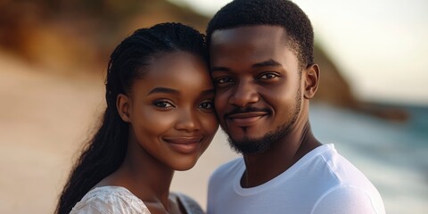 Close up portrait of african man and woman model couple on the beach