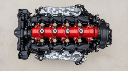 Red and Black Engine Close-Up on Plain Background