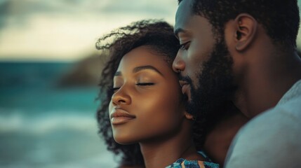 Fototapeta premium Close up portrait of african man and woman model couple on the beach