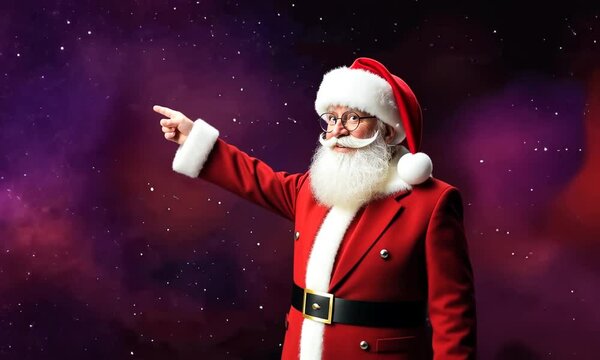 Le P&egrave;re No&euml;l pointant du doigt un fond paillet&eacute; &eacute;voquant le ciel, ambiance magique et festive, id&eacute;ale pour les f&ecirc;tes de fin d'ann&eacute;e