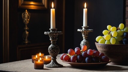Obraz premium Set of candlesticks and grapes on dining table background