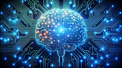 Placa de circuito con forma de cerebro con flujo de datos, ilustración de tecnología futurista