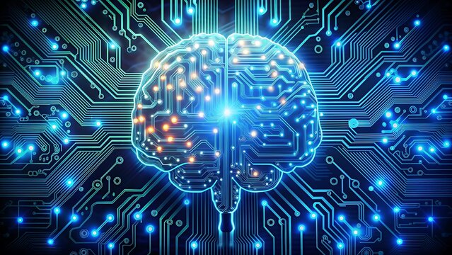 Placa de circuito con forma de cerebro con flujo de datos, ilustraci&oacute;n de tecnolog&iacute;a futurista