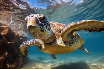 Fototapeta premium A turtle swims in the sea, with a school of fish swimming nearby. with coral reefs and fish creating a beautiful underwater view. Generative AI