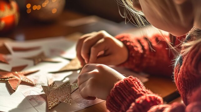 Un ni&ntilde;o peque&ntilde;o creando adornos navide&ntilde;os en forma de estrellas con papel brillante en una mesa iluminada por luces festivas.