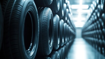 Naklejka premium A warehouse filled with neatly stacked tires, showcasing an organized storage space.