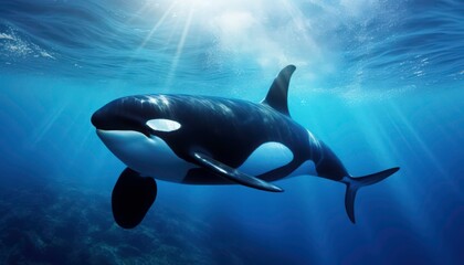Obraz premium An Orcinus orca is swimming in the deep blue sea. This whale is surrounded by sunlight, creating a beautiful and peaceful atmosphere. Generative AI