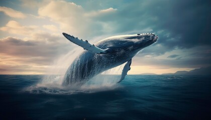 Fototapeta premium A whale is leaping out of the water, creating a splash. Concept of freedom and power, as the whale soars through the air. Generative AI