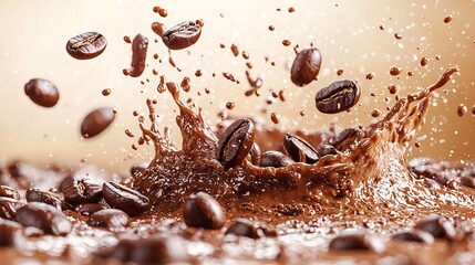 Fototapeta premium A dynamic splash of coffee with beans flying through the air in slow motion, with a transparent background