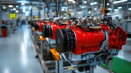 Fototapeta premium Engine Assembly Line in Modern Manufacturing Facility