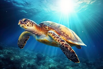 Fototapeta premium A turtle swims in the sea, with a school of fish swimming nearby. with coral reefs and fish creating a beautiful underwater view. Generative AI