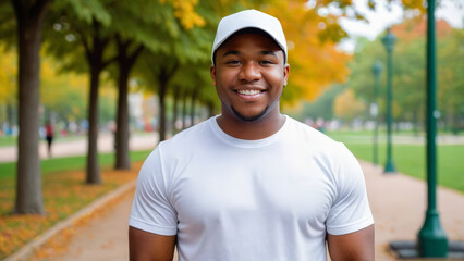 Plus size young black man wearing white t-shirt and white baseball cap standing in the park