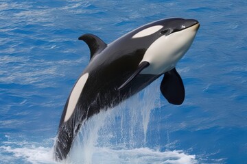 A black and white orca whale leaps out of the water. Concept of freedom and power as the whale soars through the air. Generative AI