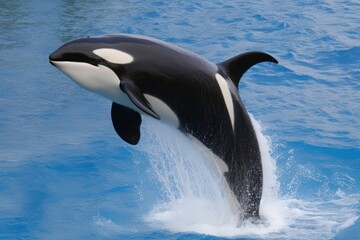 Obraz premium A black and white orca whale leaps out of the water. Concept of freedom and power as the whale soars through the air. Generative AI