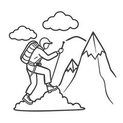Person climbing a mountain with backpack and hiking gear, simple outline on white background