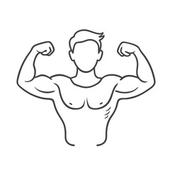 Man flexing muscles, showcasing strength, simple outline on white background 