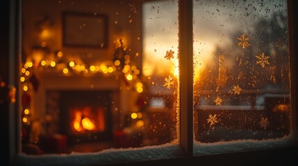 Fototapeta premium Vista a través de una ventana nevada hacia un acogedor interior navideño con luces doradas y una chimenea encendida.