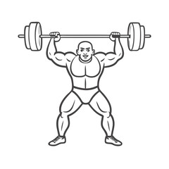 Muscular man lifting barbell in powerlifting position, simple outline on white background 