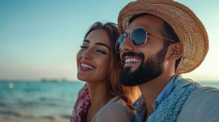 Fototapeta premium Close up portrait of arab man and woman model couple on the beach