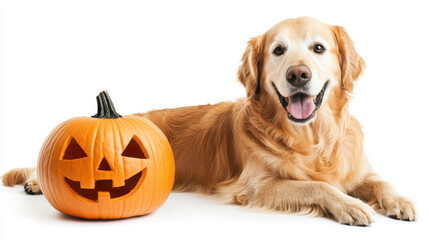 Photograph of a golden retriever dog with a halloween jack-o-lantern on it's head while sitting and smiling. Halloween golden retriever dog photo.