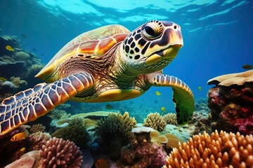 Fototapeta premium A turtle swims in the sea, with a school of fish swimming nearby. with coral reefs and fish creating a beautiful underwater view. Generative AI
