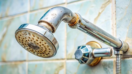 Obraz premium Close up view of a limescale-covered shower head and bathtub faucet, showing signs of neglect and dirt buildup
