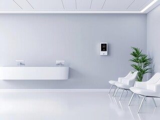 Fototapeta premium Hospital waiting room with biometric check-in system, sleek and secure design, biometric security, patient safety