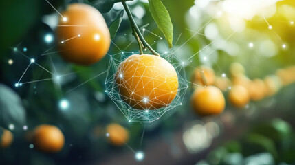 image showcases ripe oranges hanging on tree, enhanced with digital sensor effect, symbolizing advanced monitoring of fruit ripeness