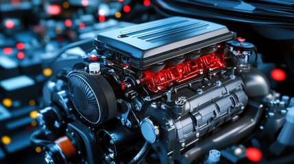 Fototapeta premium High-Performance Engine with Vibrant Red Details