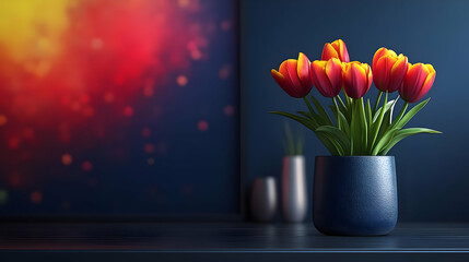 Red & Yellow Tulips in a Blue Vase, Flower Arrangement, Spring Colors