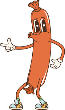 Naklejki Retro cartoon groovy breakfast sausage character. Isolated vector joyful food personage with funny face and gun hand gesture. Vintage sausage personage wearing shoes and exudes a lively and funky vibe