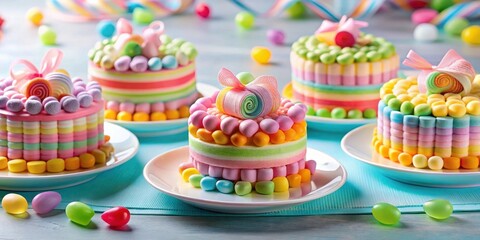 Colorful birthday cakes made from paper, gummy candies, and marshmallows displayed on round plates with decorative ribbon for a festive birthday party concept