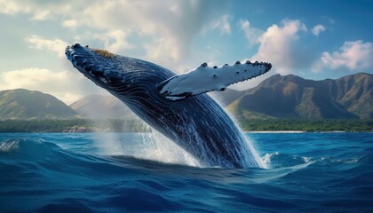 Fototapeta premium A whale is leaping out of the water, creating a splash. Concept of freedom and power, as the whale soars through the air. Generative AI