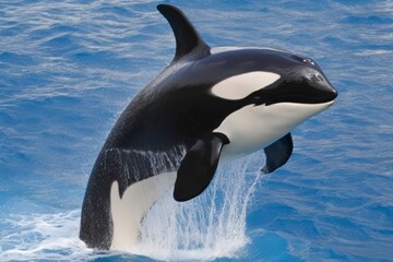 Obraz premium A black and white orca whale leaps out of the water. Concept of freedom and power as the whale soars through the air. Generative AI